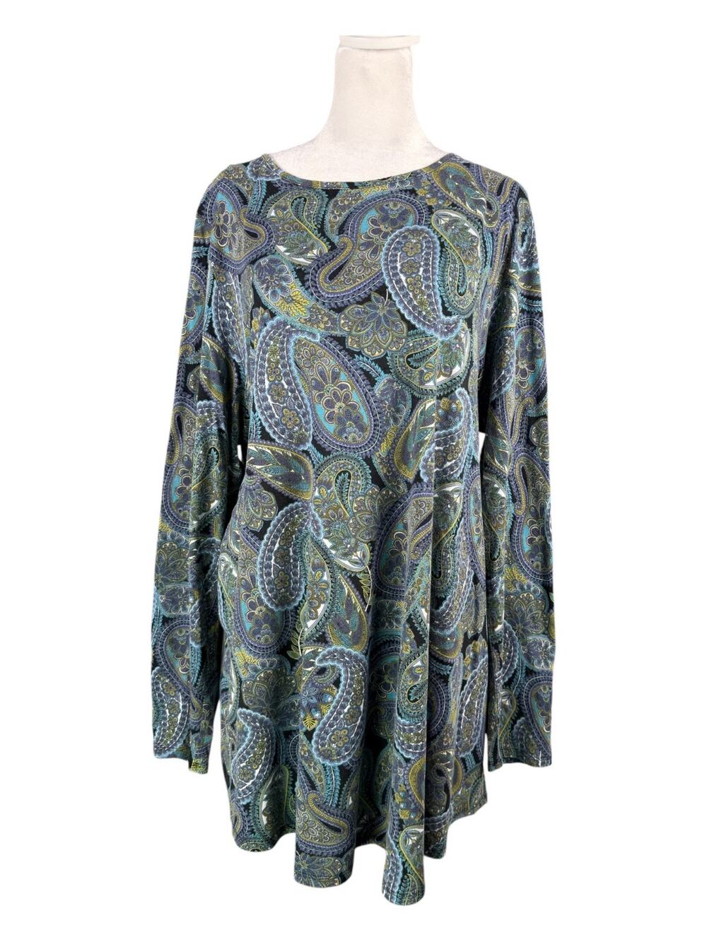 J Jill L TALL Long Sleeve Knit Tunic Top Blue Green Paisley Smocked Back Boho
